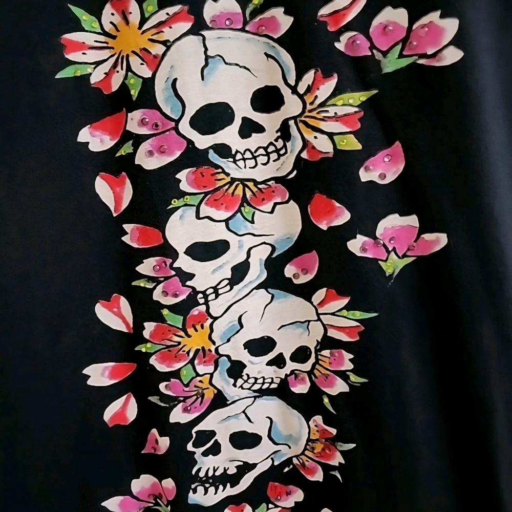 Vintage Ed Hardy Skull Floral Tee Dress 💀Y2K Graphic Bodycon Mini Black Sz. M - Picture 6 of 10